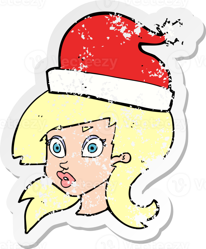 retro distressed sticker of a cartoon woman wearing christmas hat png