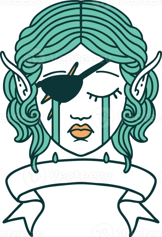Retro Tattoo Style crying elf rogue character face with banner png