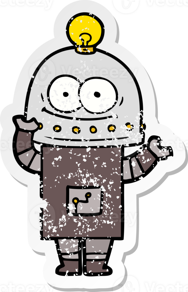distressed sticker of a happy carton robot with light bulb png