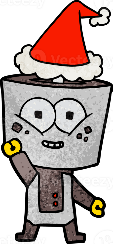 happy hand drawn textured cartoon of a robot waving hello wearing santa hat png