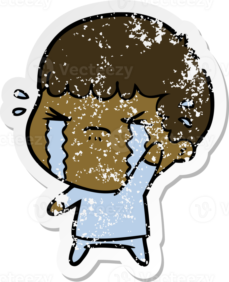 distressed sticker of a cartoon man crying png