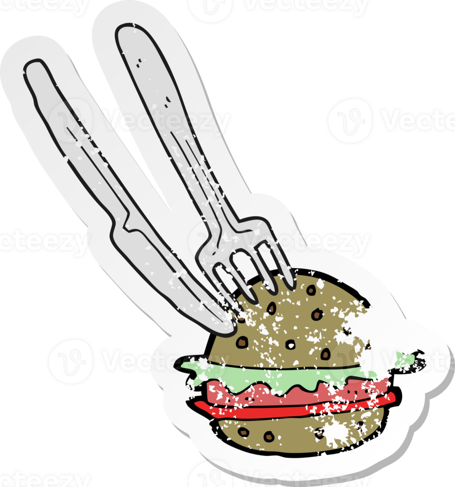 retro distressed sticker of a cartoon knife and fork in burger png