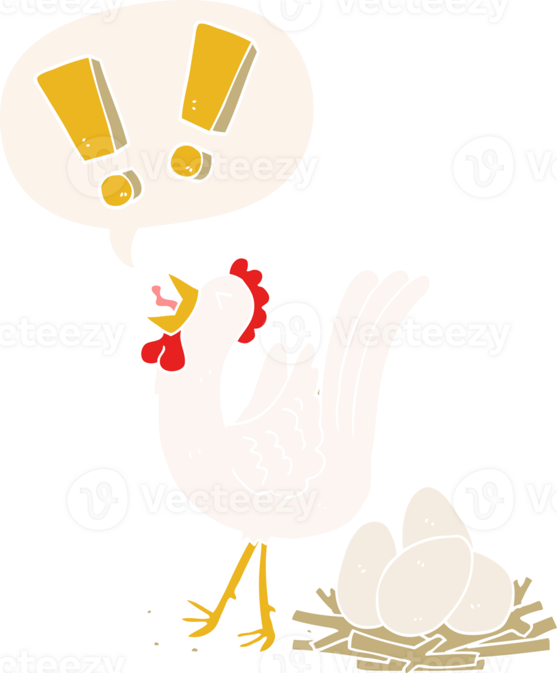 cartoon chicken laying egg with speech bubble in retro style png