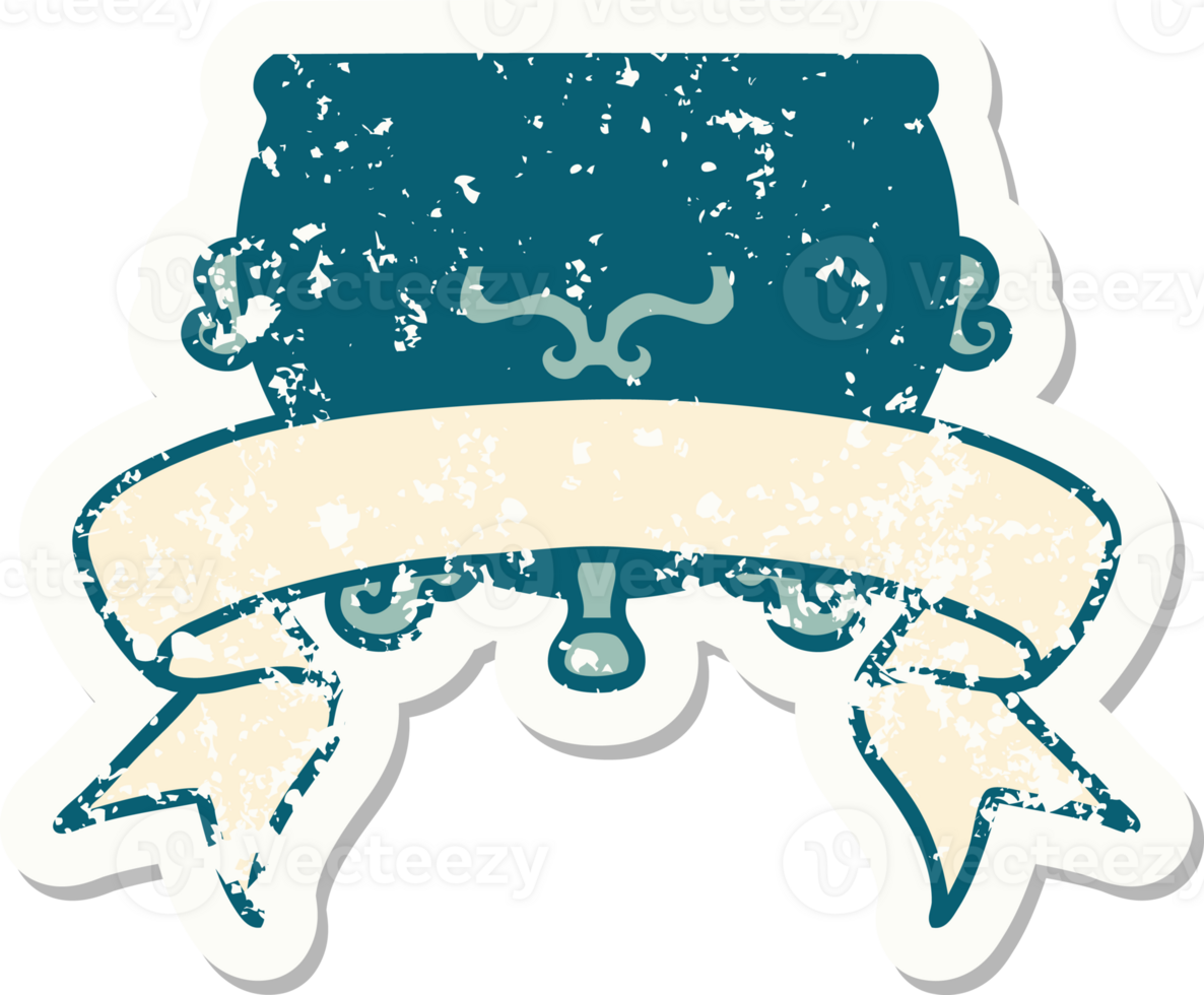 worn old sticker with banner of a cauldron png