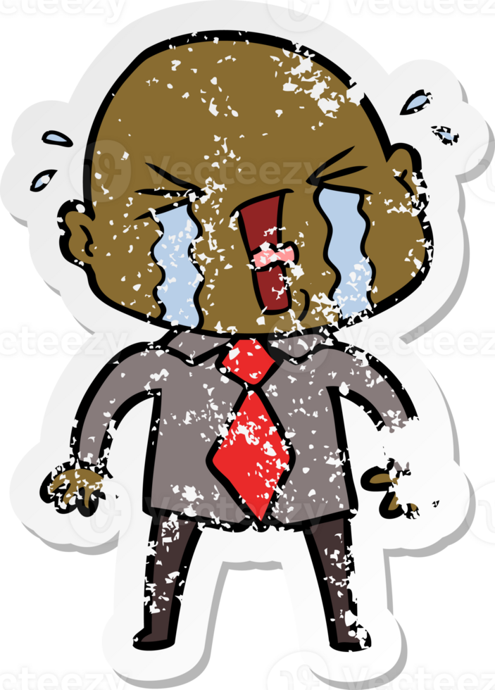 distressed sticker of a cartoon crying bald man png