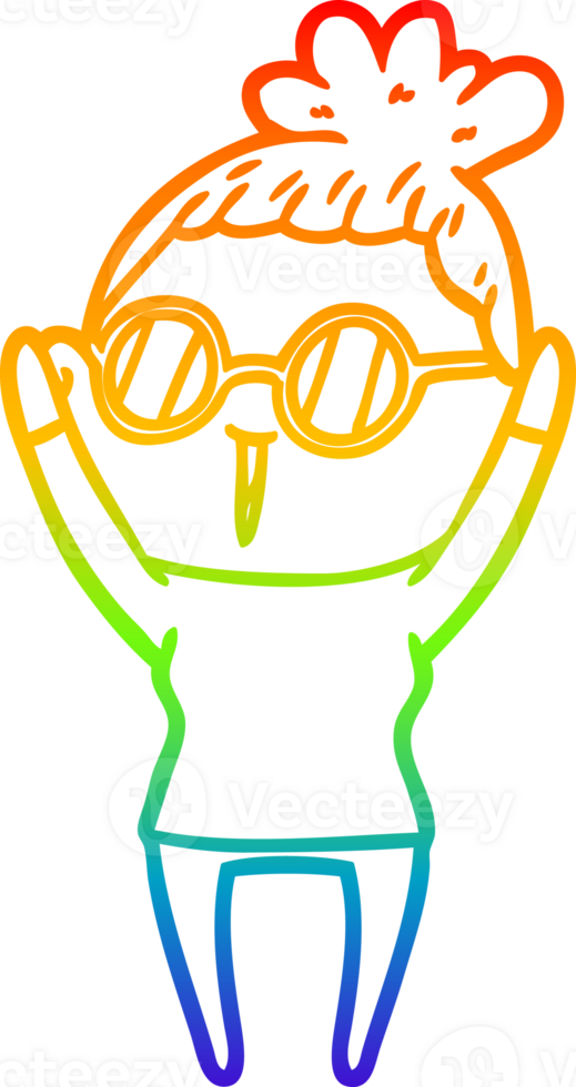 rainbow gradient line drawing of a cartoon woman wearing spectacles png