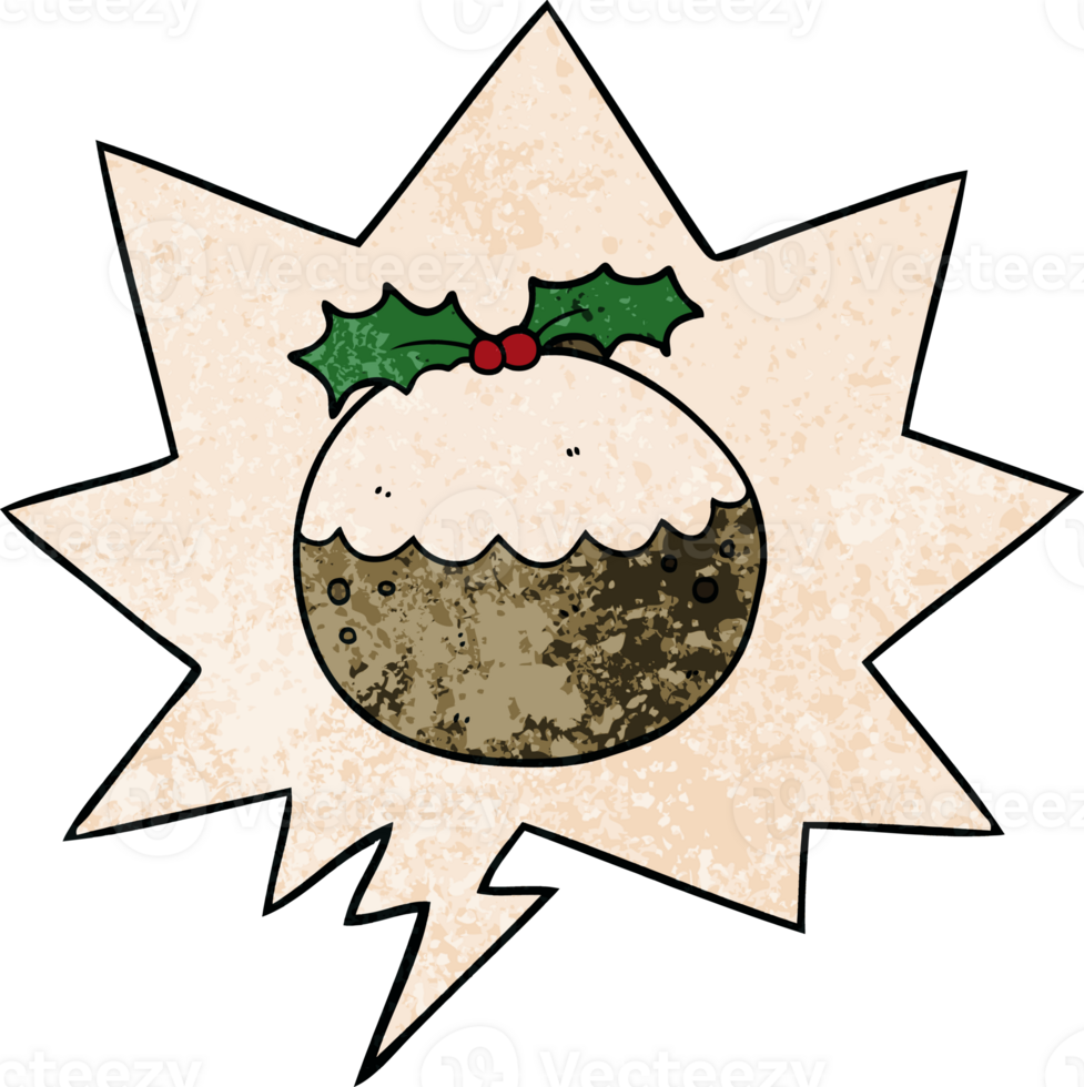 cartoon christmas pudding with speech bubble in retro texture style png