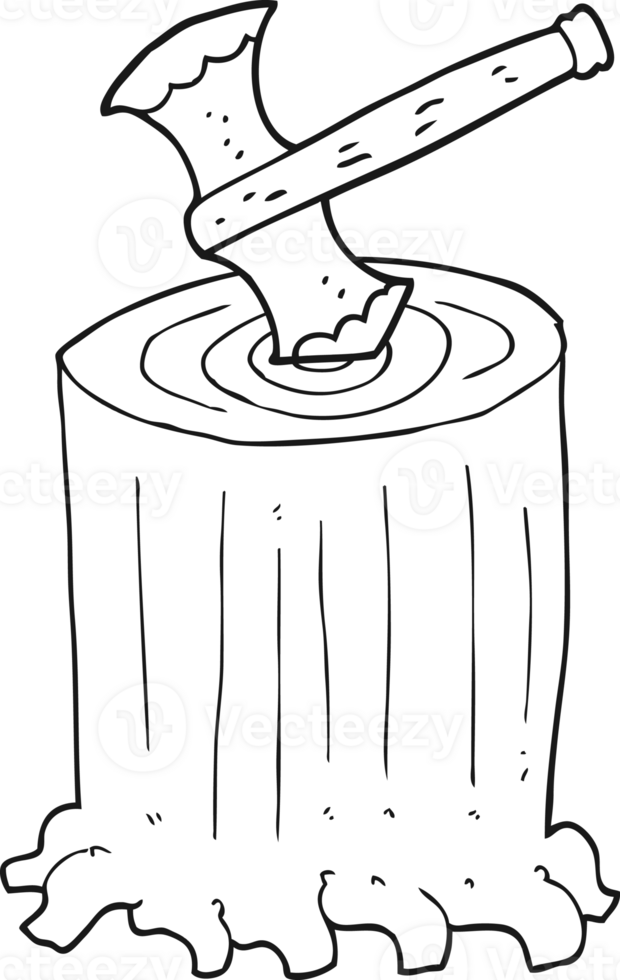 hand drawn black and white cartoon tree stump and axe png