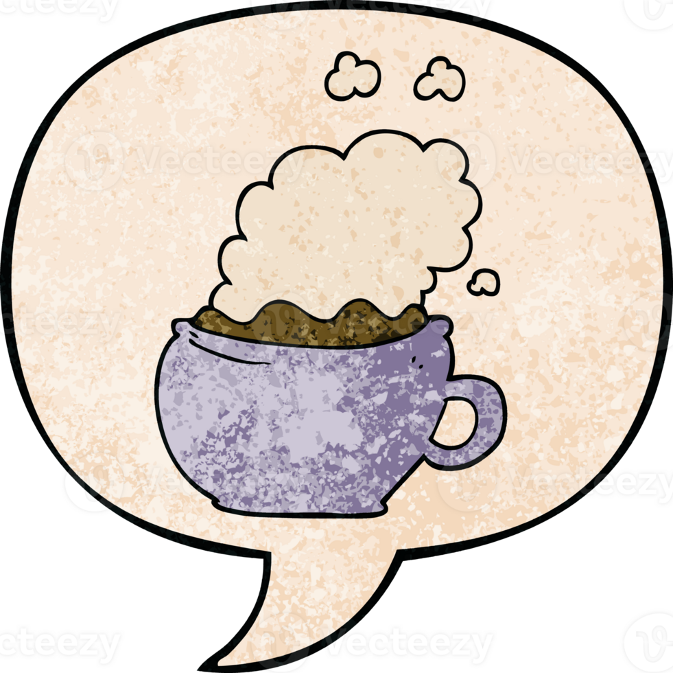 cartoon hot cup of coffee with speech bubble in retro texture style png