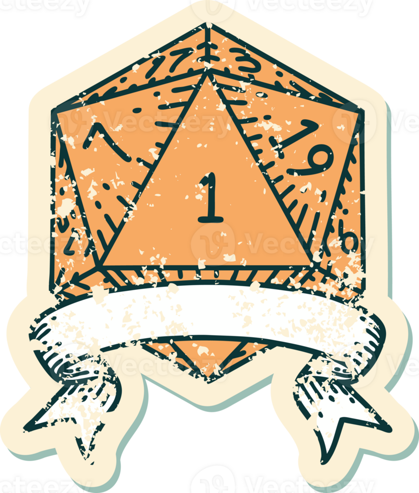 Retro Tattoo Style natural one d20 dice roll png