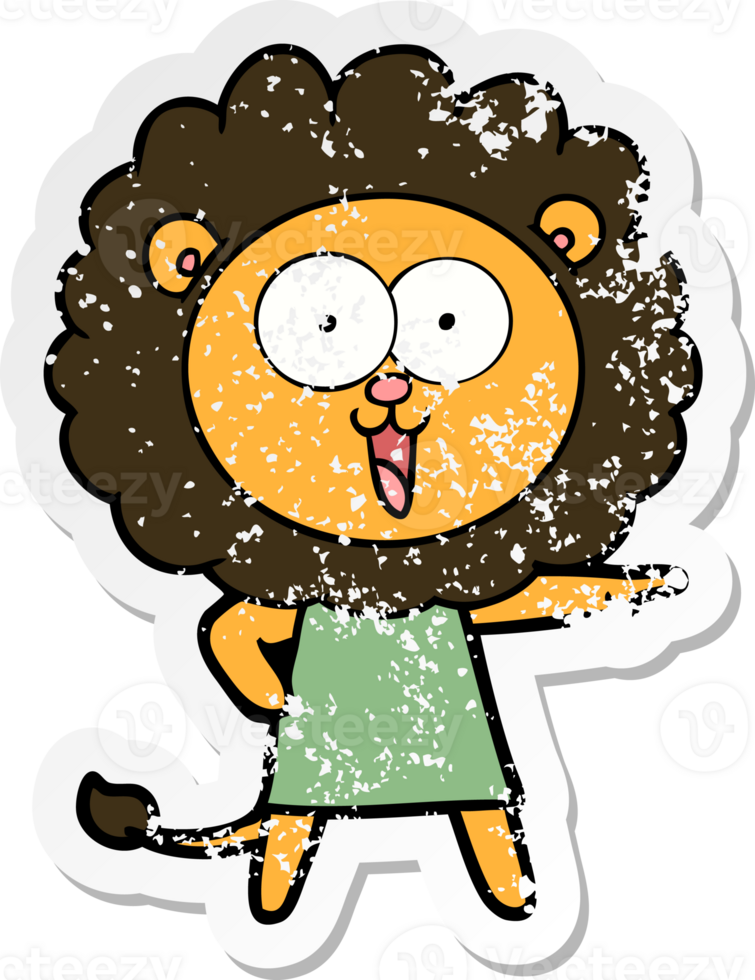 distressed sticker of a happy cartoon lion png