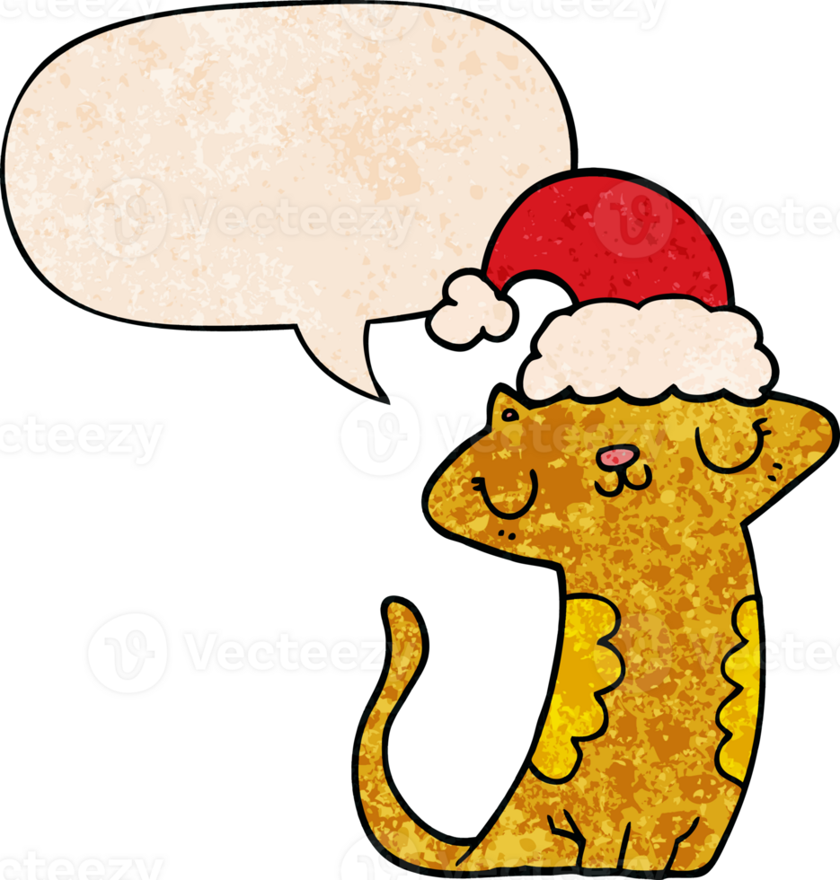 cute cartoon cat wearing christmas hat with speech bubble in retro texture style png
