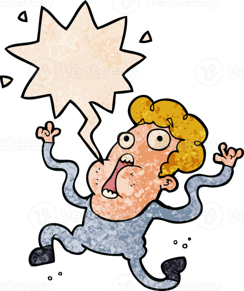 cartoon terrified man with speech bubble in retro texture style png
