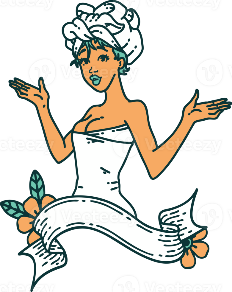 tattoo in traditional style of a pinup girl in towel with banner png