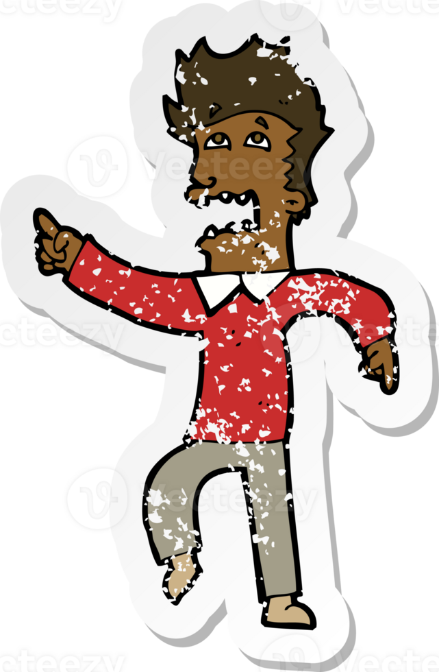 retro distressed sticker of a cartoon frightened man pointing png