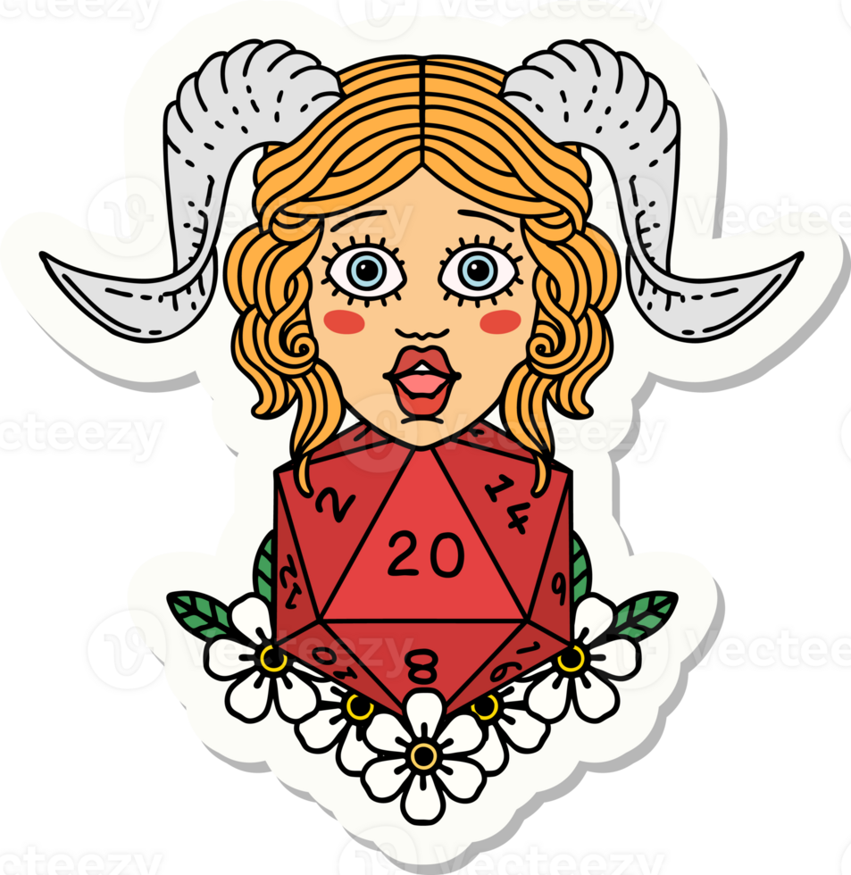 sticker of a tiefling with natural twenty dice roll png