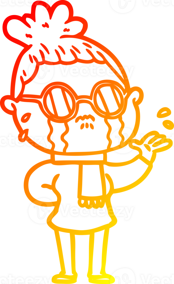 warm gradient line drawing of a cartoon crying woman wearing spectacles png