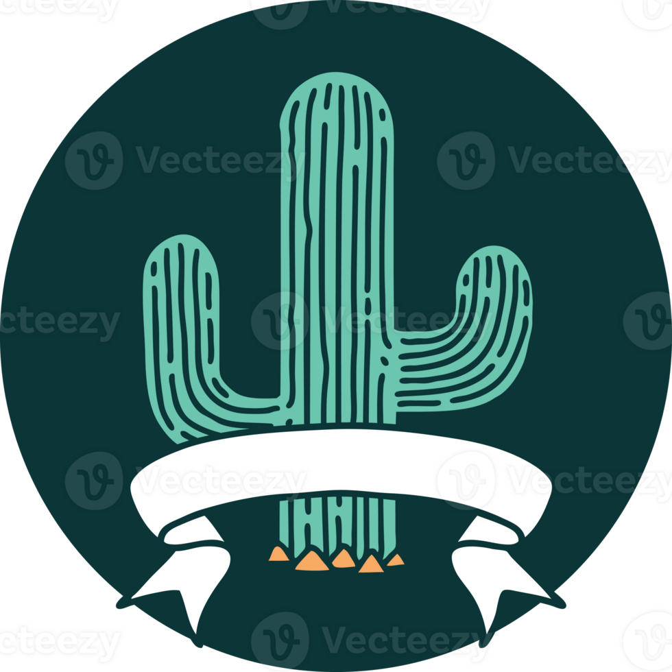 tattoo style icon with banner of a cactus png