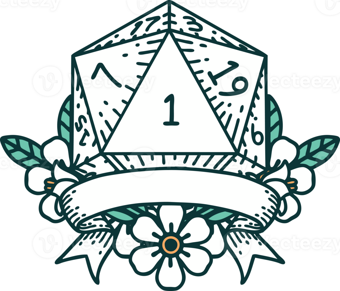Retro Tattoo Style natural one d20 dice roll png