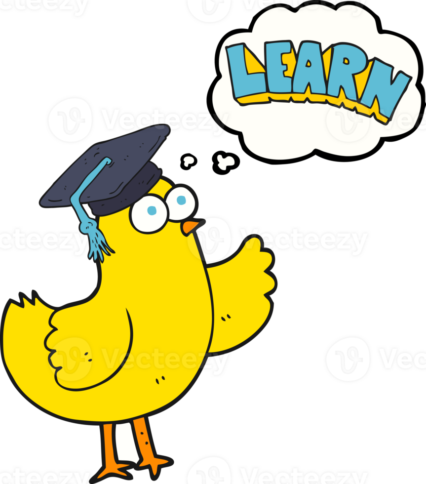 hand drawn thought bubble cartoon bird with learn text png