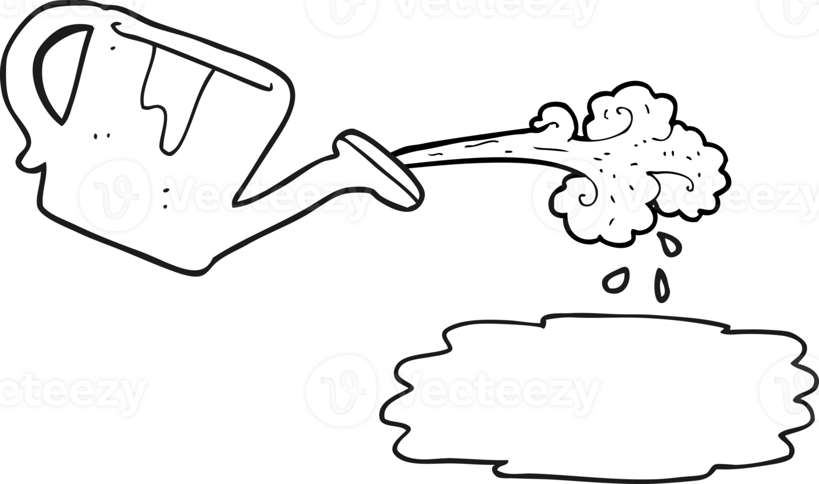 hand drawn black and white cartoon watering can pouring png