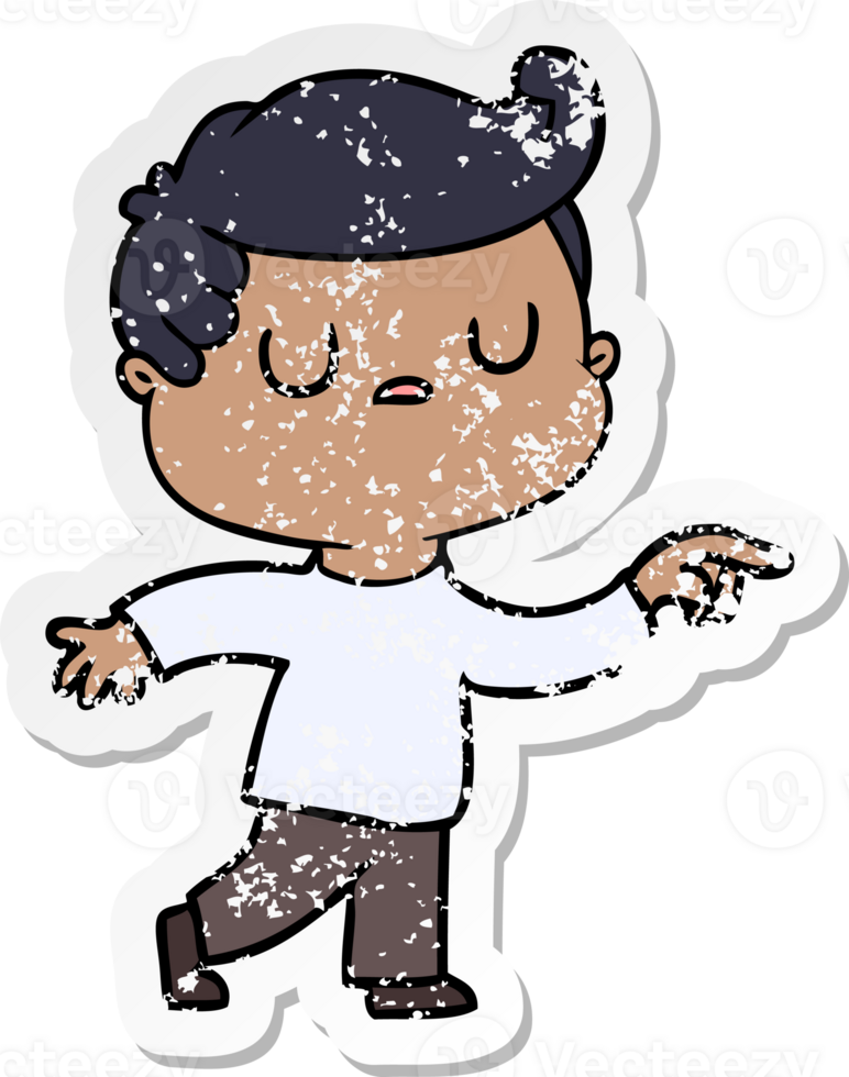 distressed sticker of a cartoon aloof man pointing finger png