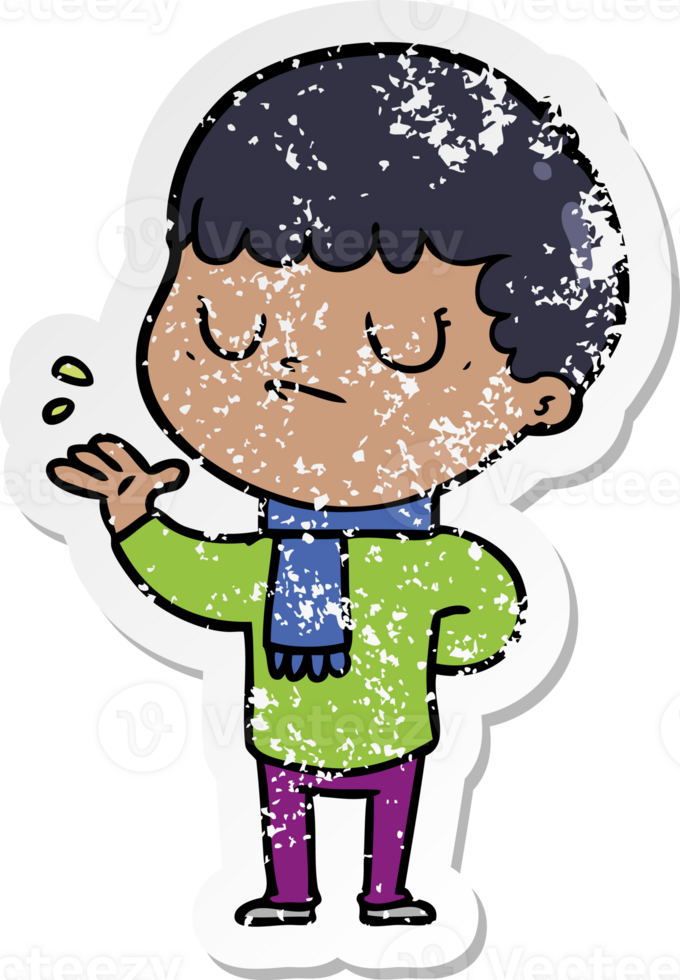 distressed sticker of a cartoon grumpy boy png