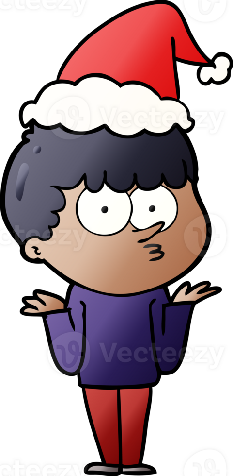 hand drawn gradient cartoon of a curious boy shrugging shoulders wearing santa hat png
