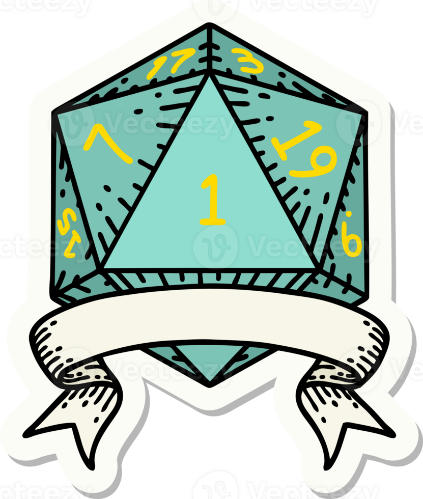 sticker of a natural one d20 dice roll png