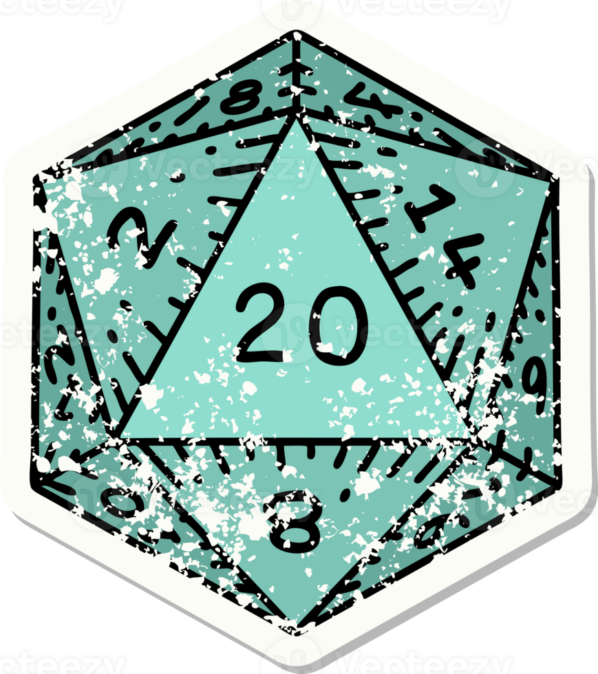 grunge sticker of a natural 20 D20 dice roll png