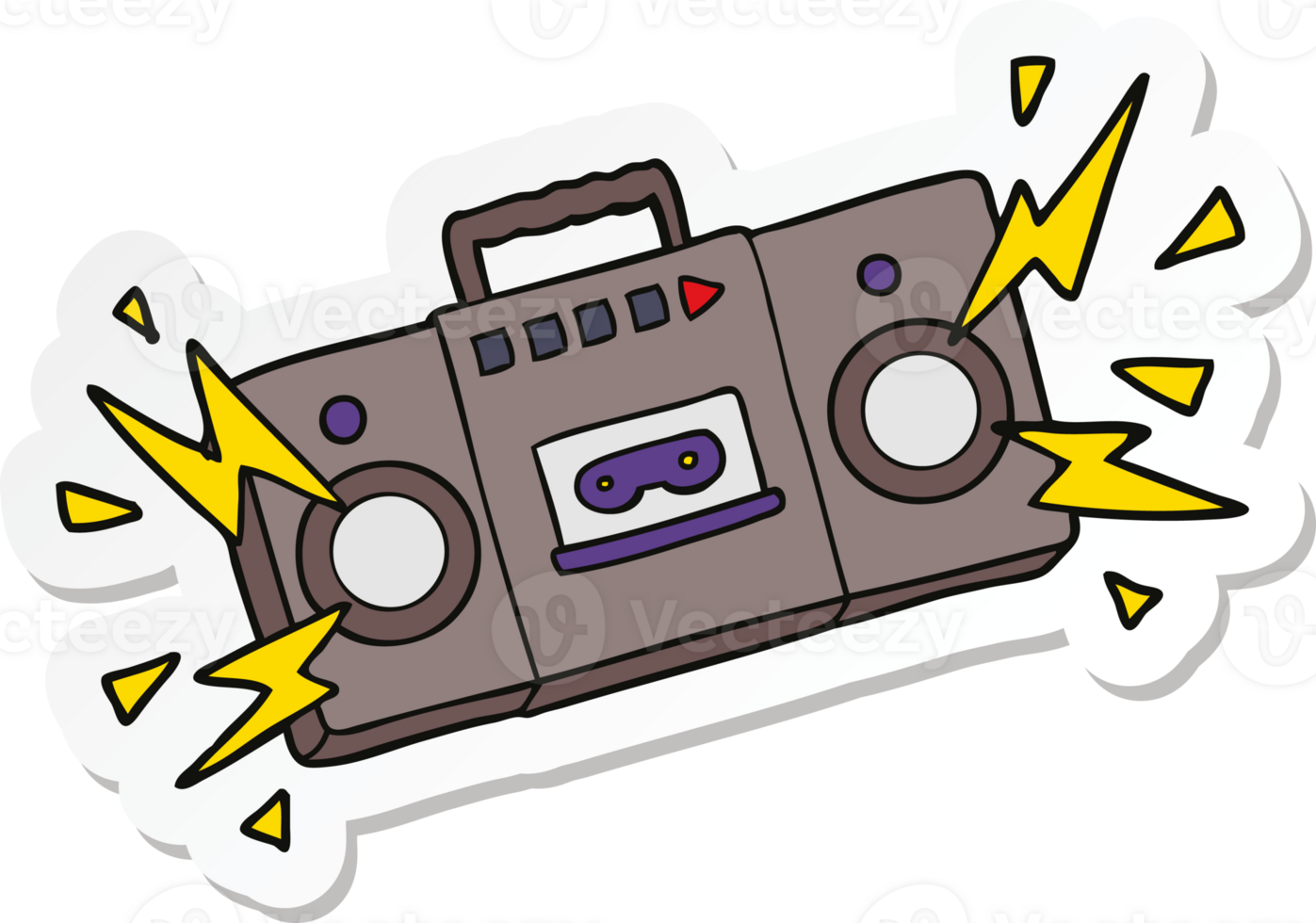 sticker of a retro cartoon tape cassette player blasting out old rock tunes png