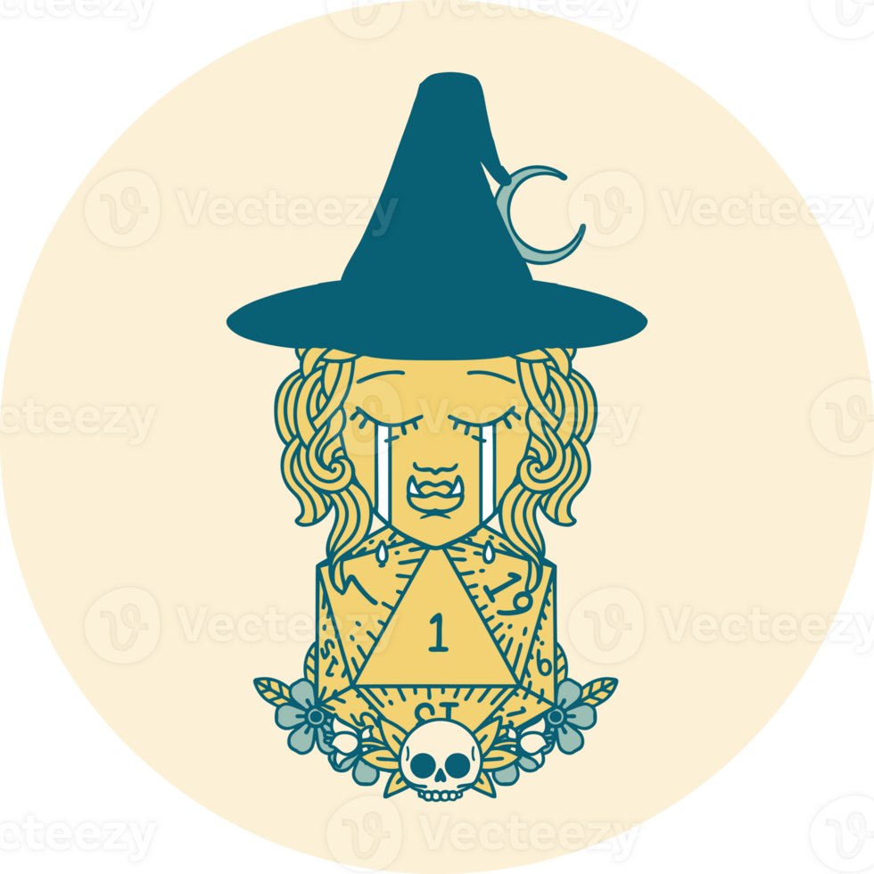 Retro Tattoo Style sad half orc witch character with natural one D20 roll png