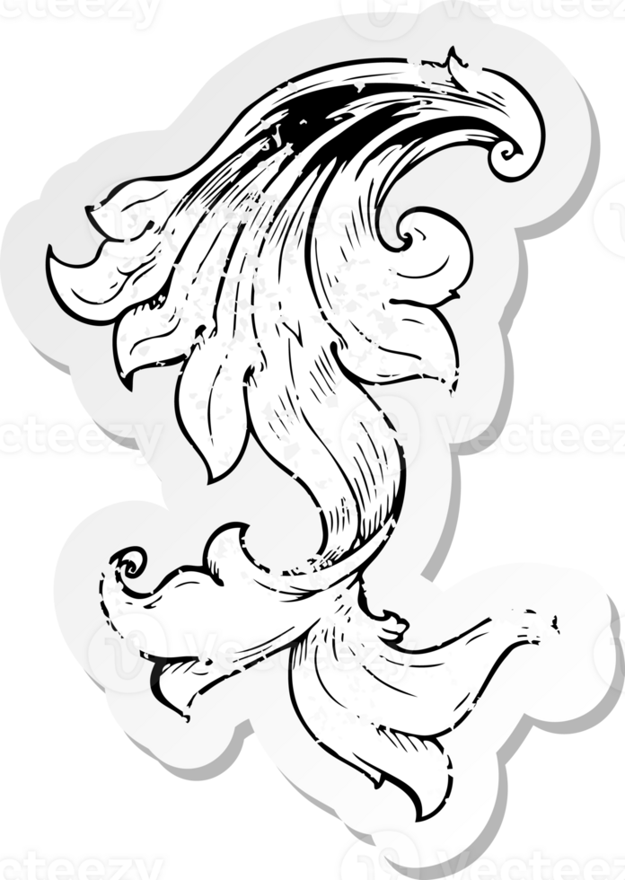 retro distressed sticker of a traditional hand drawn floral swirl png