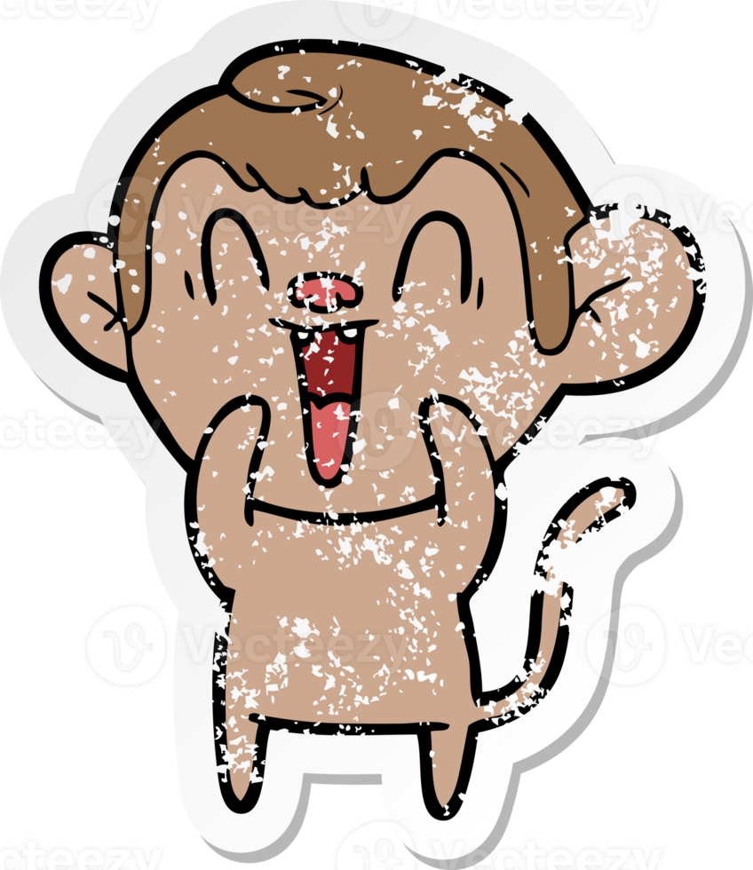 distressed sticker of a cartoon laughing monkey png