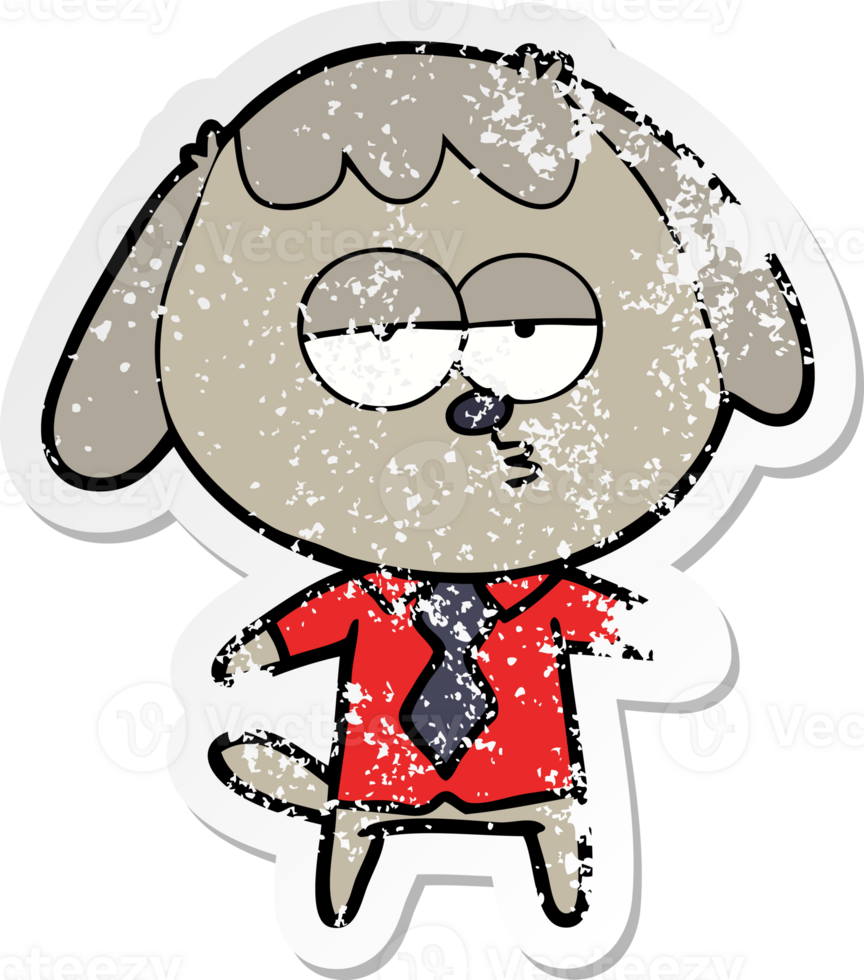 distressed sticker of a cartoon bored dog in office clothes png