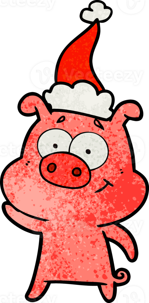 happy hand drawn textured cartoon of a pig wearing santa hat png