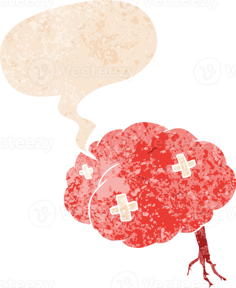 cartoon injured brain with speech bubble in grunge distressed retro textured style png