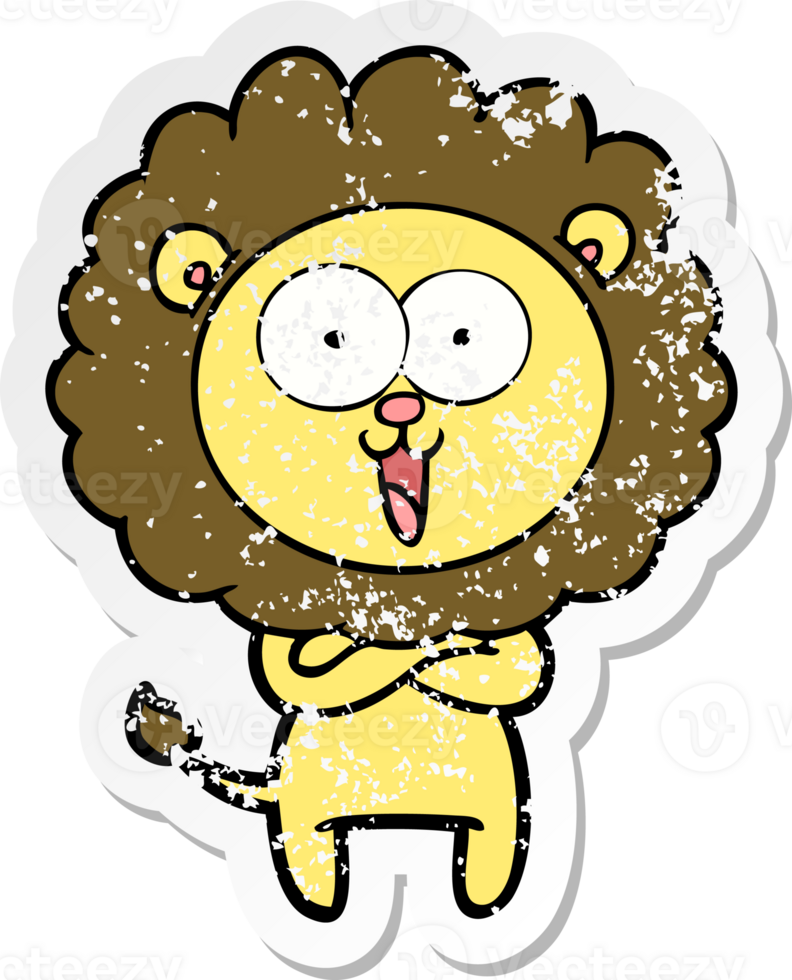 distressed sticker of a happy cartoon lion png