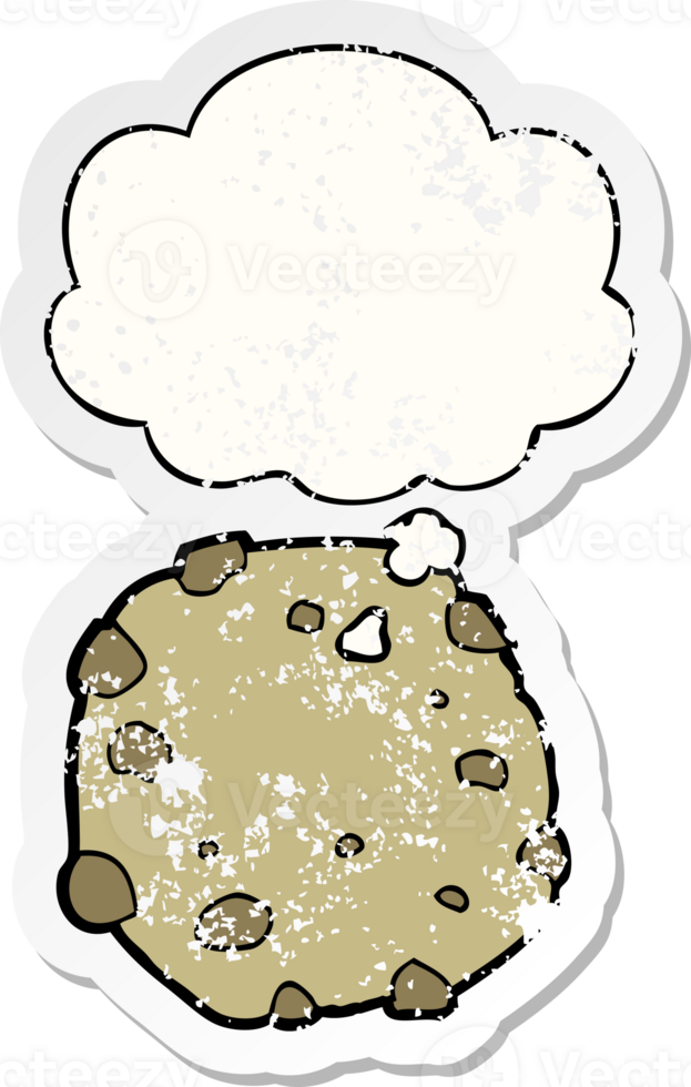 cartoon cookie with thought bubble as a distressed worn sticker png