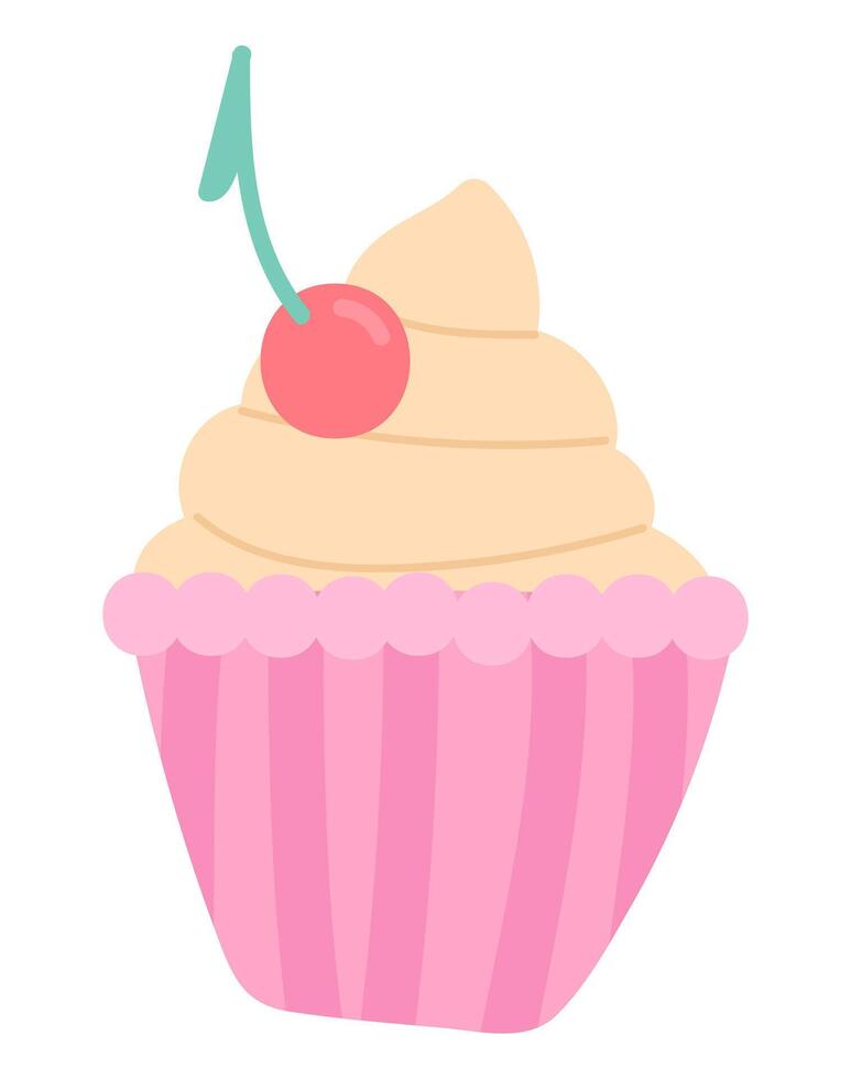 Pink cupcake with cherry in flat design. Sweet dessert for celebration. illustration isolated. vector