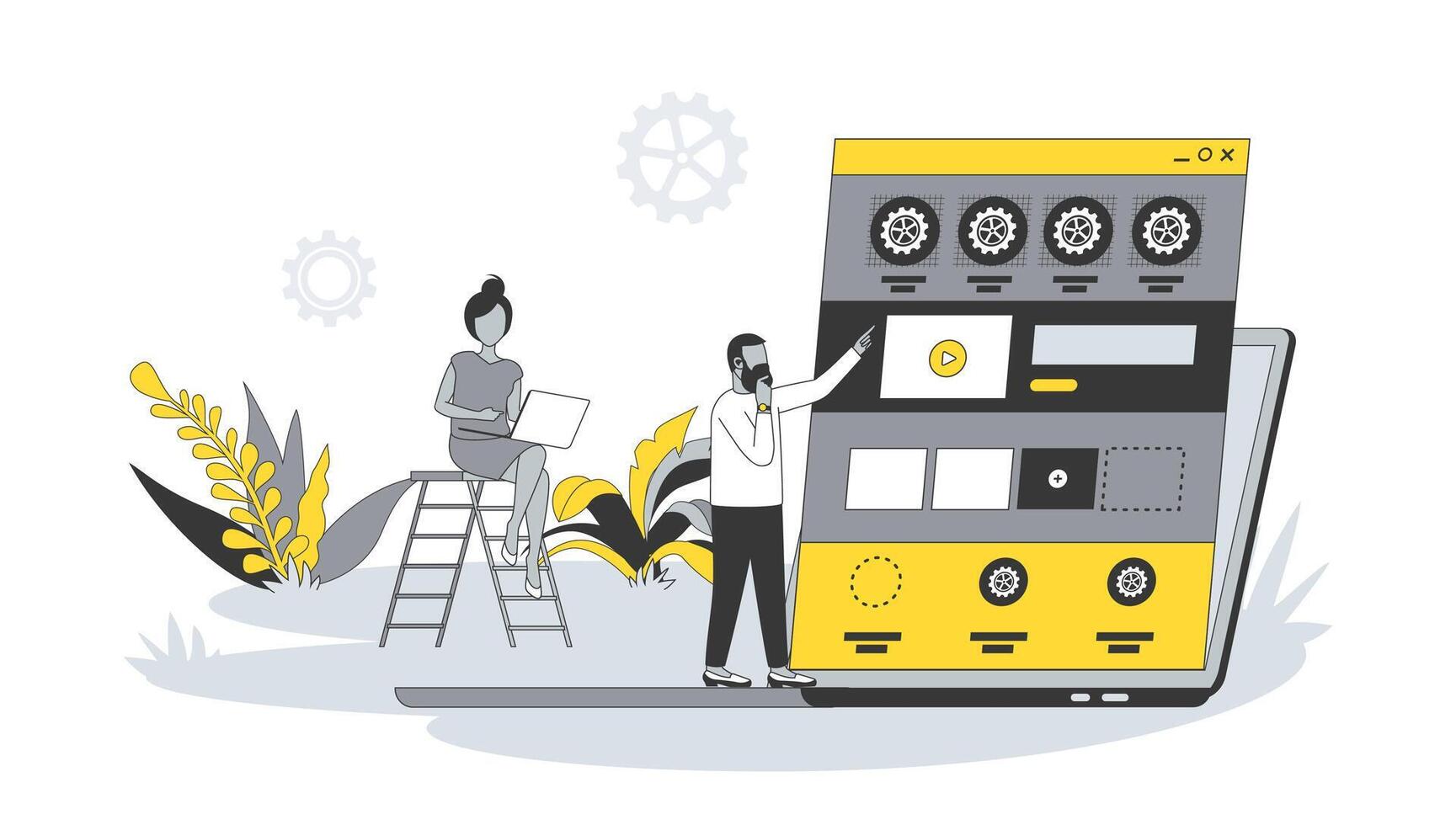 Web development concept in flat design with people. Man and women create site layout, place blocks with content and buttons, working in team. illustration with character scene for web banner vector