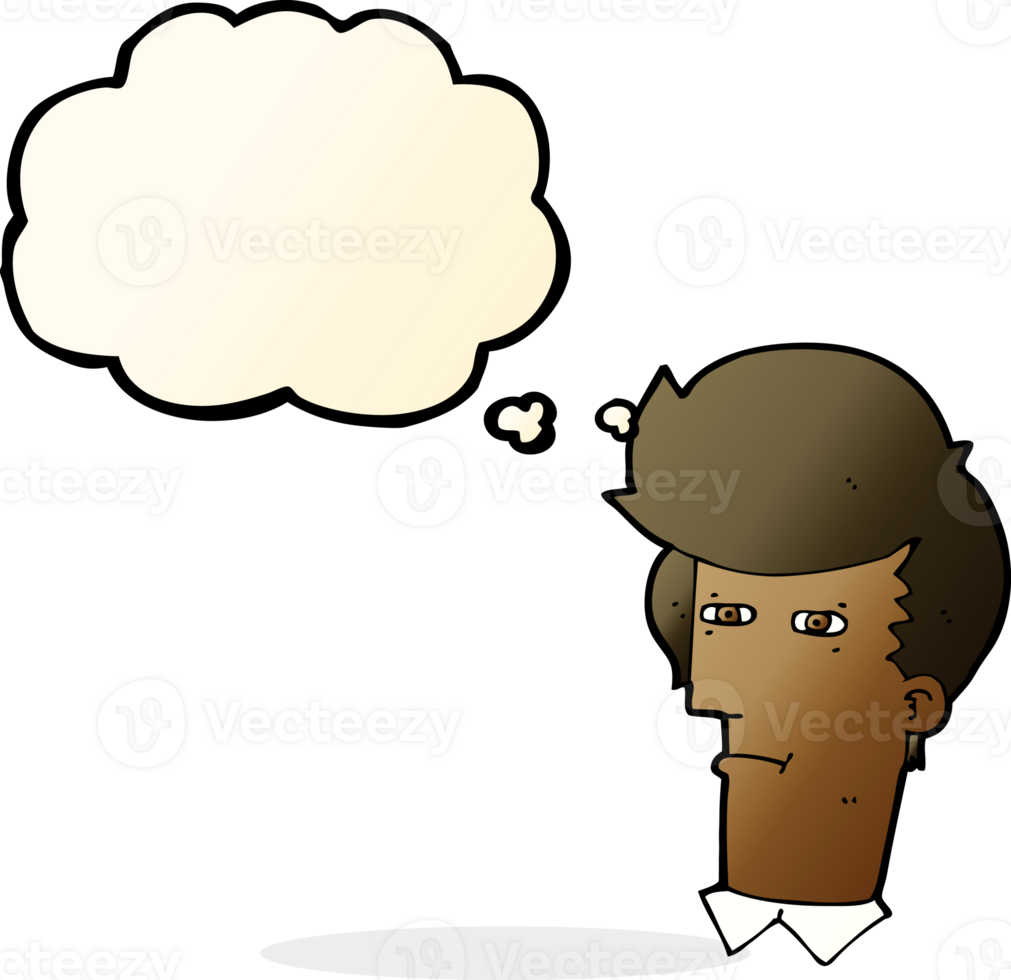 cartoon man narrowing eyes with thought bubble png