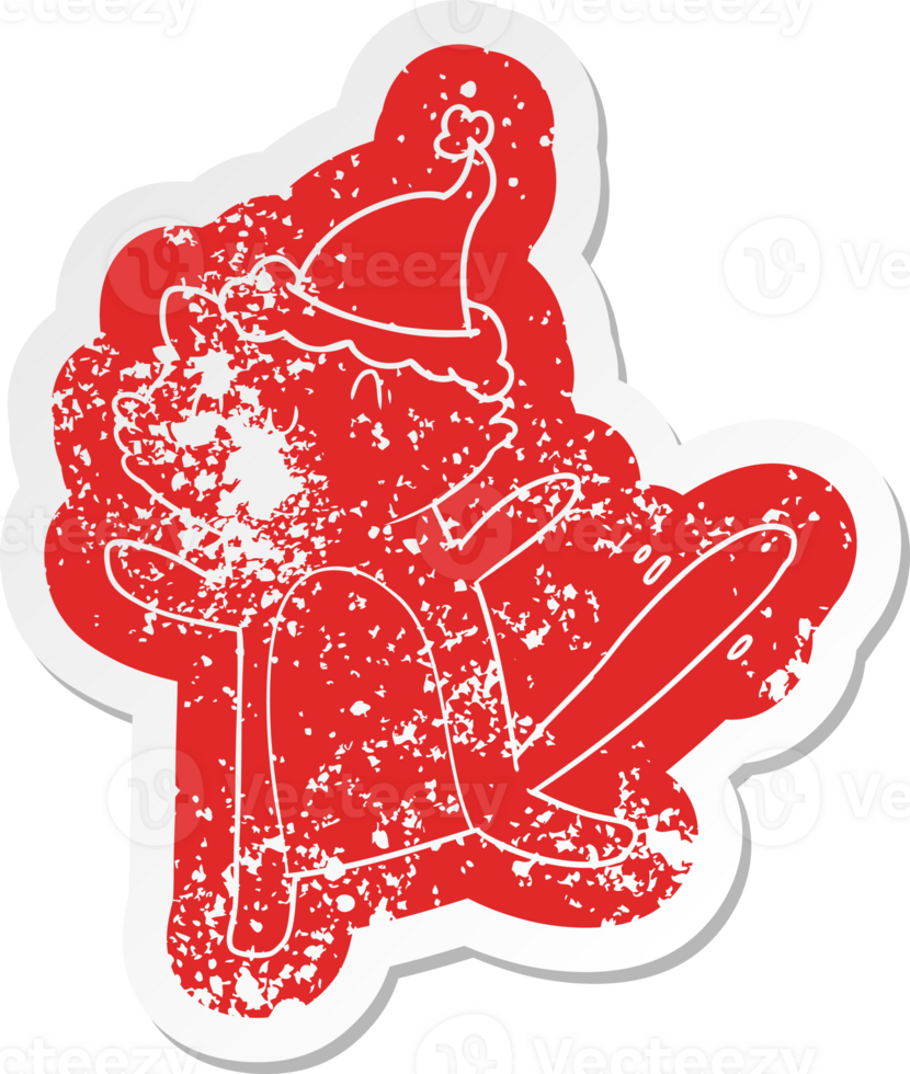 quirky cartoon distressed sticker of a dancing cat wearing santa hat png