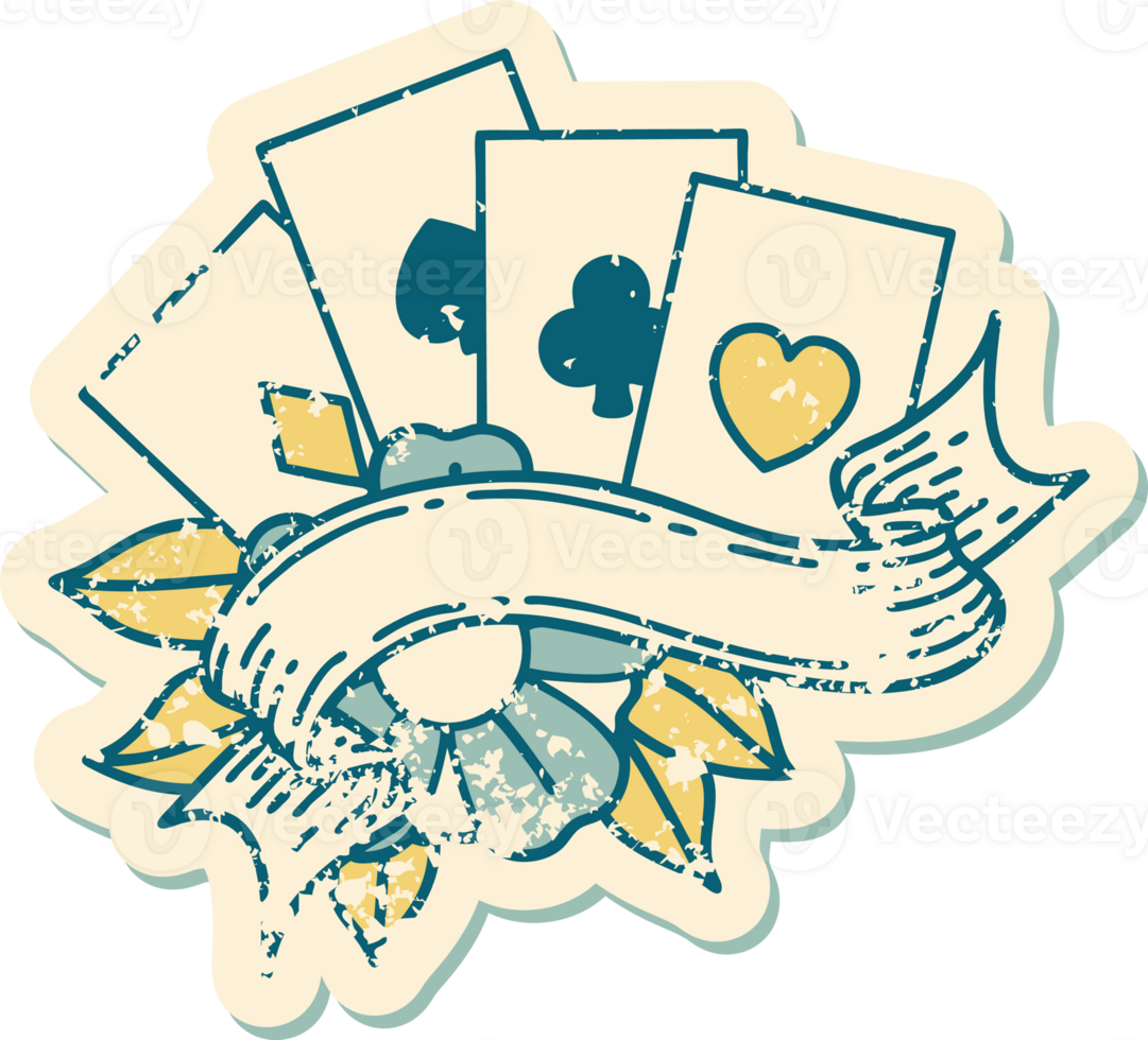 iconic distressed sticker tattoo style image of cards and banner png