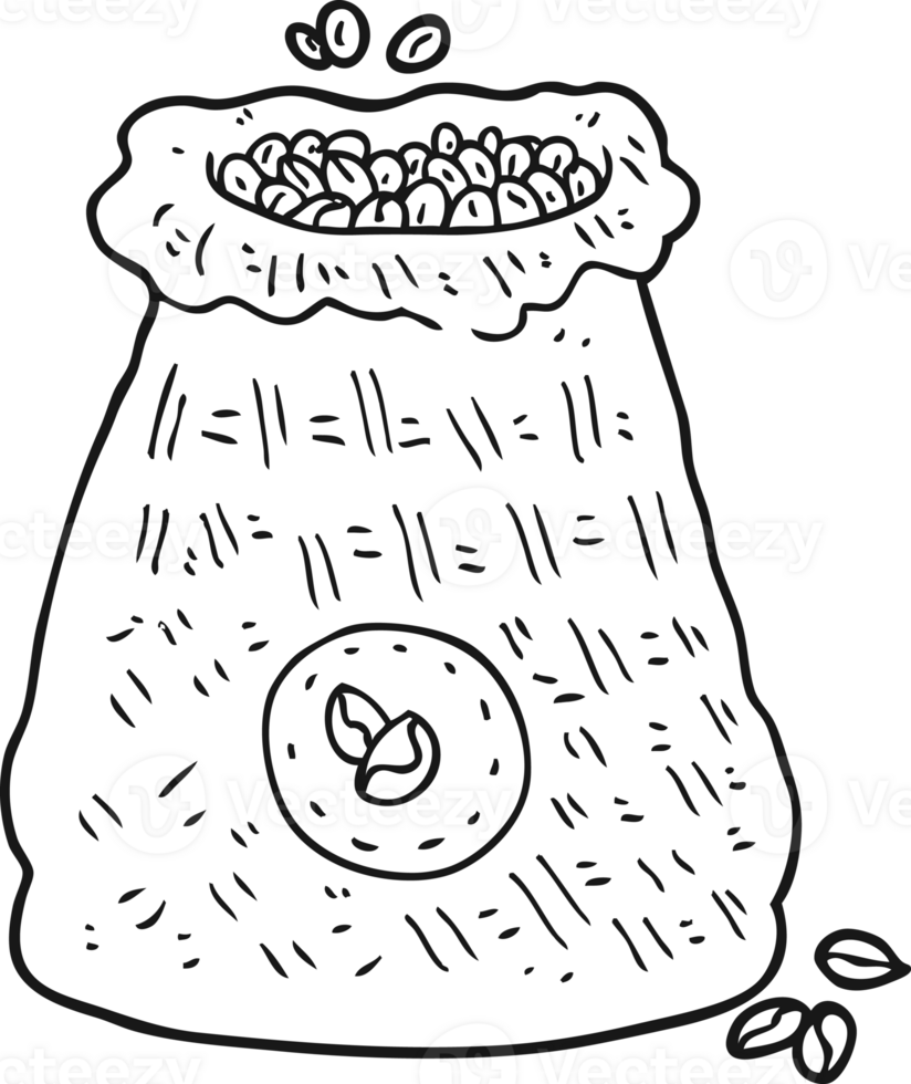 hand drawn black and white cartoon bag of coffee beans png