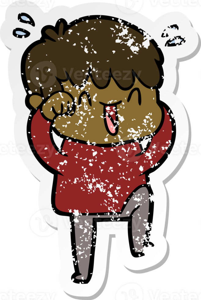 distressed sticker of a cartoon laughing boy png