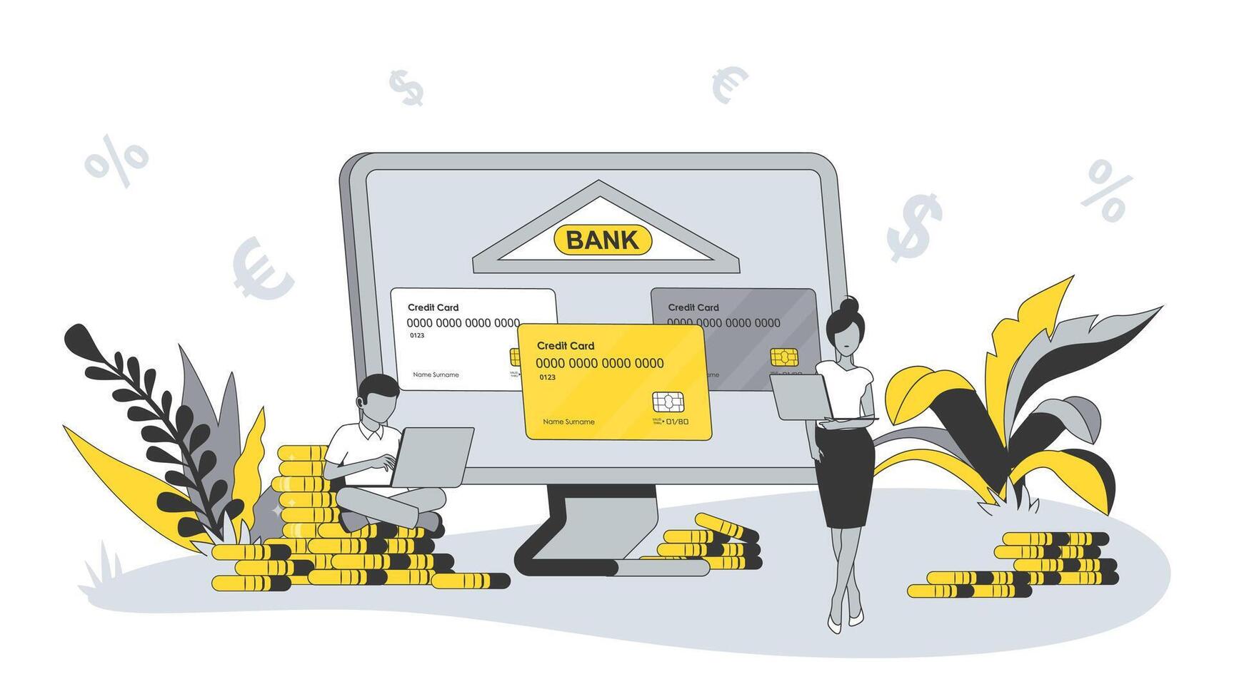 Banking concept in flat design with people. Man and woman use financial account and credit cards at page, manage balance and accumulate savings. illustration with character scene for web banner vector