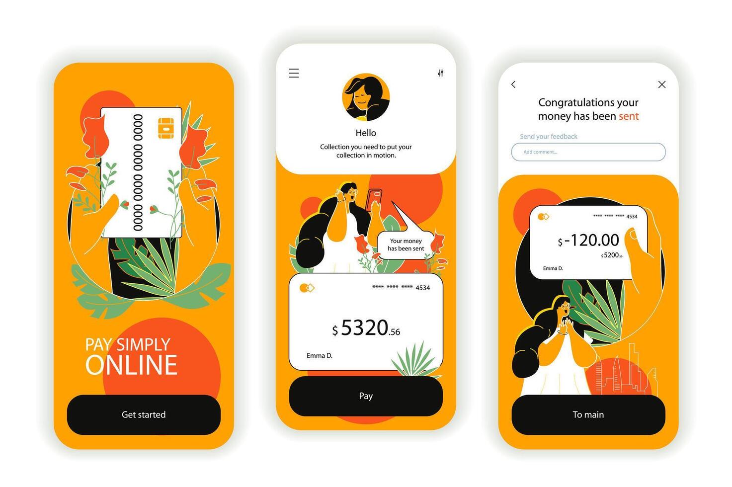 Online payment concept onboarding screens. Ordering goods on store page, digital invoice and paying in app. UI, UX, GUI user interface kit with flat people scene. illustration for web design vector