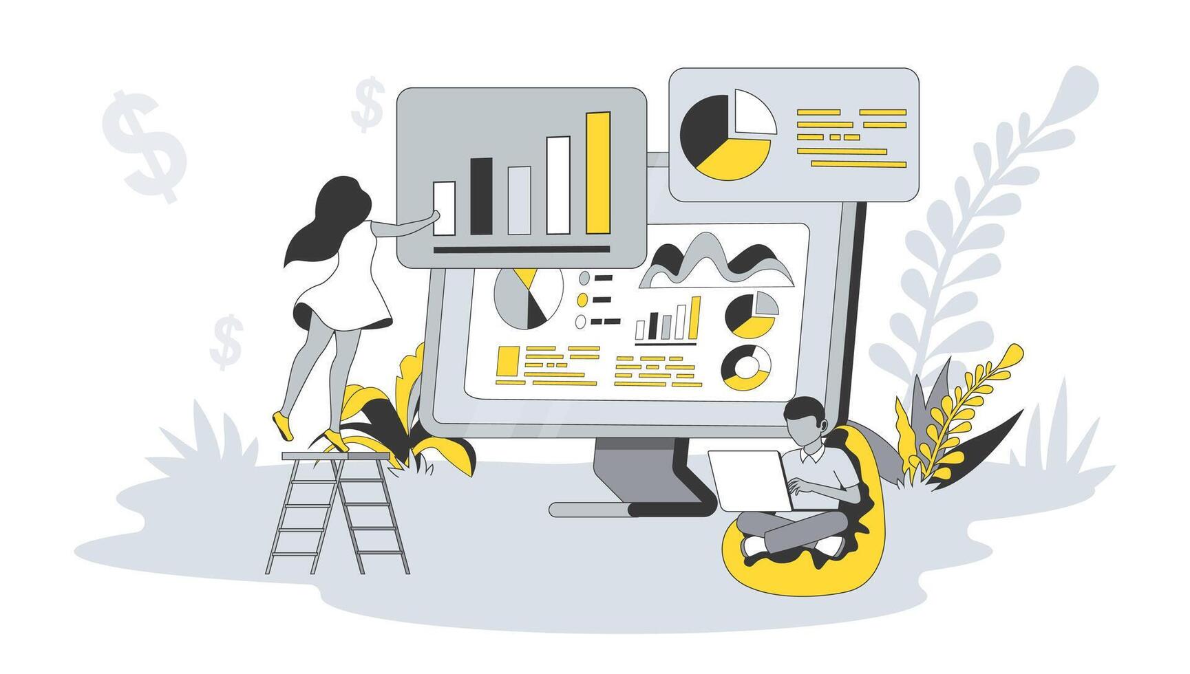 Economic concept in flat design with people. Woman and man analyzing financial charts and graphs, planning budget and manages money savings. illustration with character scene for web banner vector