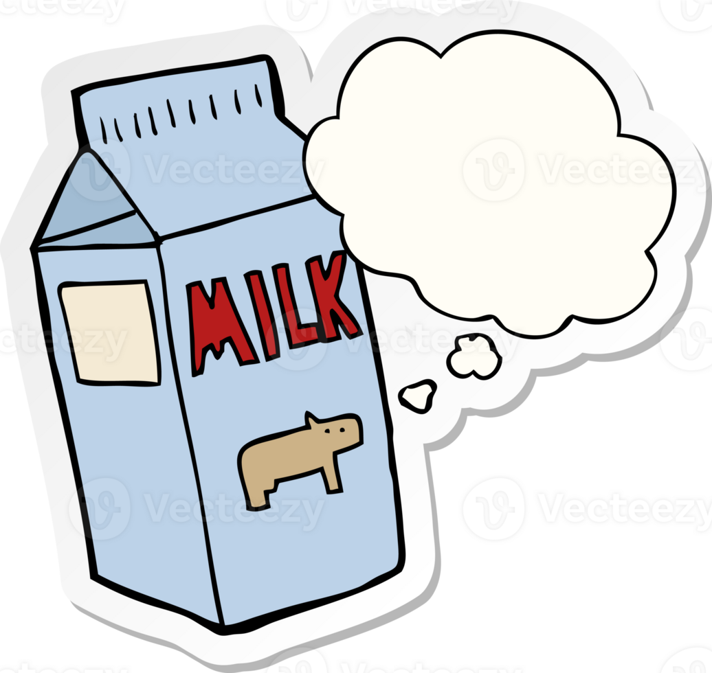 cartoon milk carton with thought bubble as a printed sticker png